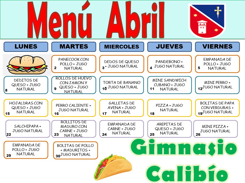 menu semanal mes de ABRIL GIMNASIO CALIBIO